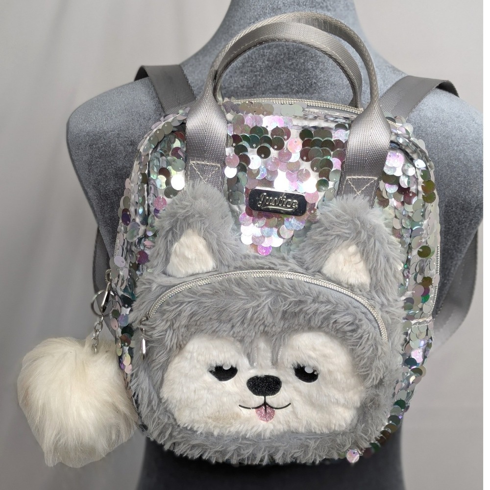 Justice Silver Sequin Mini Backpack Plush Dog Face Pom Pom Girls 10x9